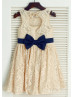 Champagne Lace Navy Blue/Pink Bow Heart Hole Back Flower Girl Dress 